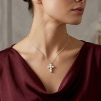 White Pearl Cross Necklace stainless steel for womens