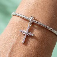 925 Cross Charm silver and pink cz for Bracelet
