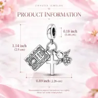 Guardian angel cross charm with height, width and bail measurements on pink marble