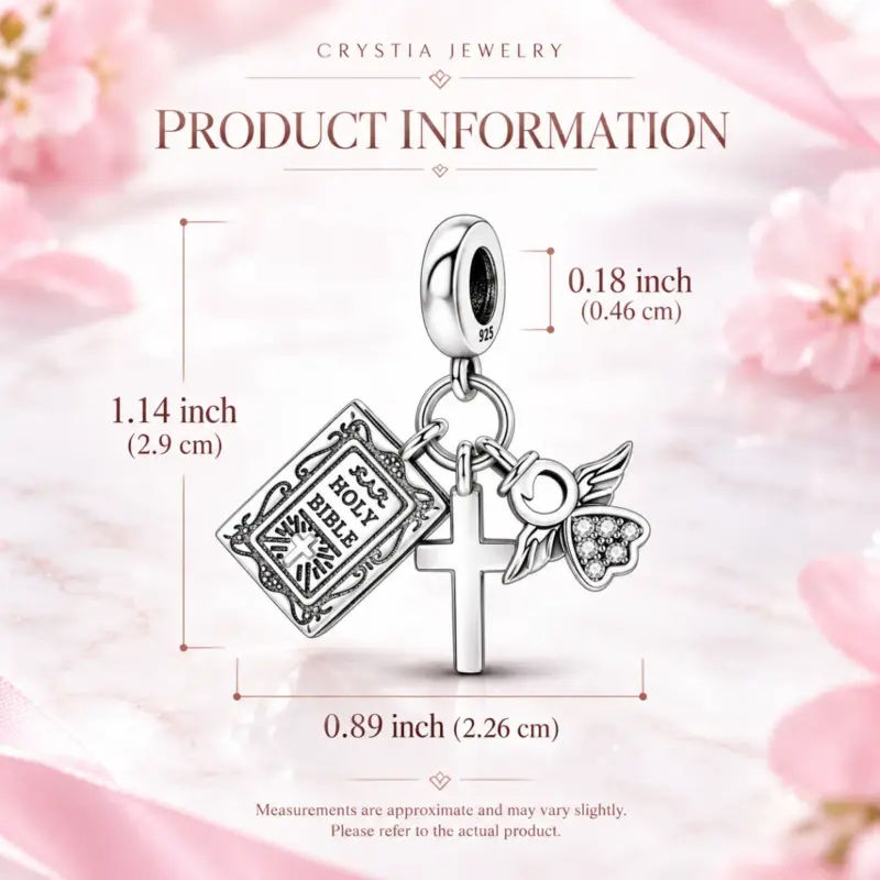 catholic cross charm Guardian angel cross charm with height, width and bail measurements on pink marble