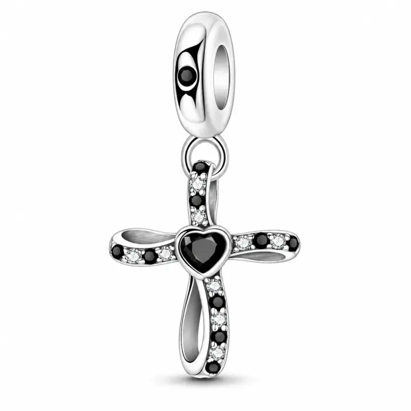 black-cz-cross-dangle-charm Sterling silver cross dangle charm with black and clear CZ and black heart center
