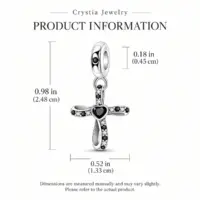 Size chart for black and clear stone cross charm, 0.98 by 0.52 inch