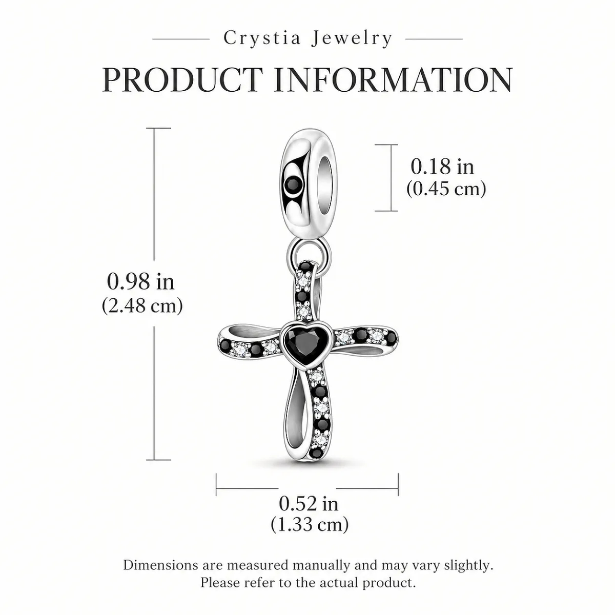 Size chart for black and clear stone cross charm, 0.98 by 0.52 inch