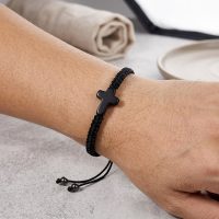 Black String Cross Bracelet ajustable braided for mens or womens