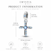 Dimension chart for the blue cubic zirconia cross charm, 0.92 inch drop, 0.5 inch wide