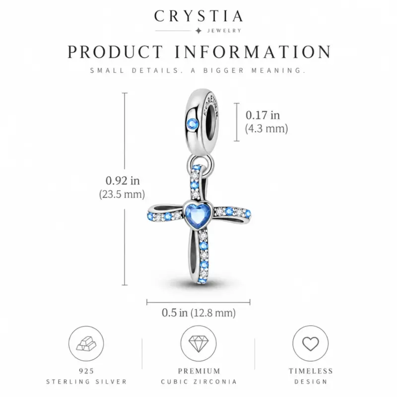 blue cross charm maris Dimension chart for the blue cubic zirconia cross charm, 0.92 inch drop, 0.5 inch wide