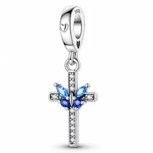 Sterling silver cross charm with blue marquise butterfly wings and pavé shaft, white background