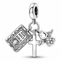 Sterling silver Catholic charm with Bible, plain cross and angel drops on white background