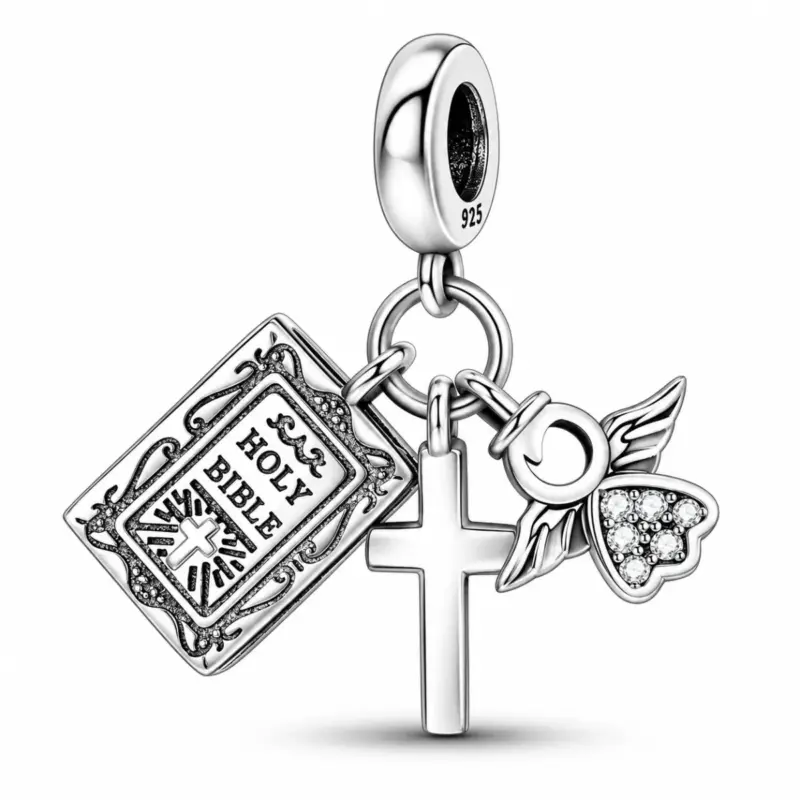 Sterling silver Catholic charm with Bible, plain cross and angel drops on white background