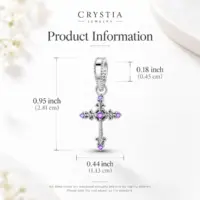 Dimension chart for the purple cross pendant charm, 0.95 inch tall, 0.44 inch wide