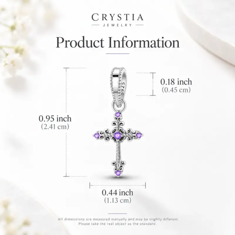 purple-cross-charm-dimensions Dimension chart for the purple cross pendant charm, 0.95 inch tall, 0.44 inch wide