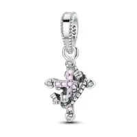 Sterling silver cross paved with pink stones under a beaded crown, S925 bail visible