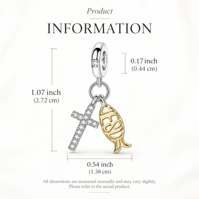 fish with cross charm tiberia Size chart for cross and fish dangle charm, 1.07 by 0.54 inch drop