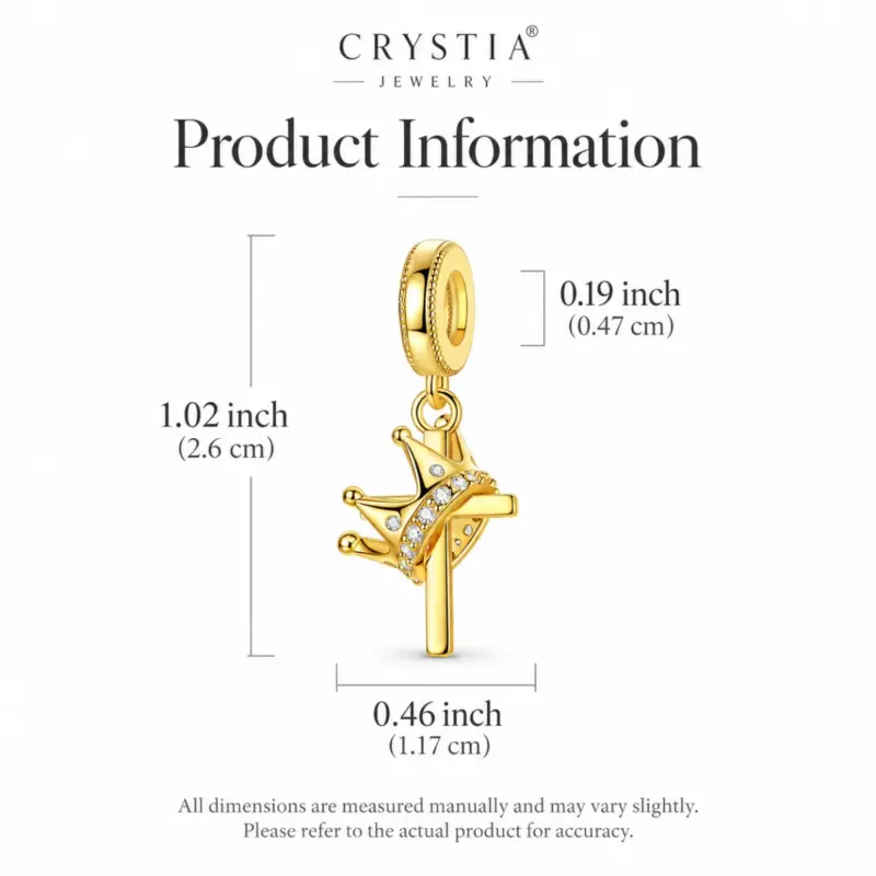 crown with cross charm gold Dimension chart for the gold crown cross charm, 1.02 inch drop, 0.46 inch wide