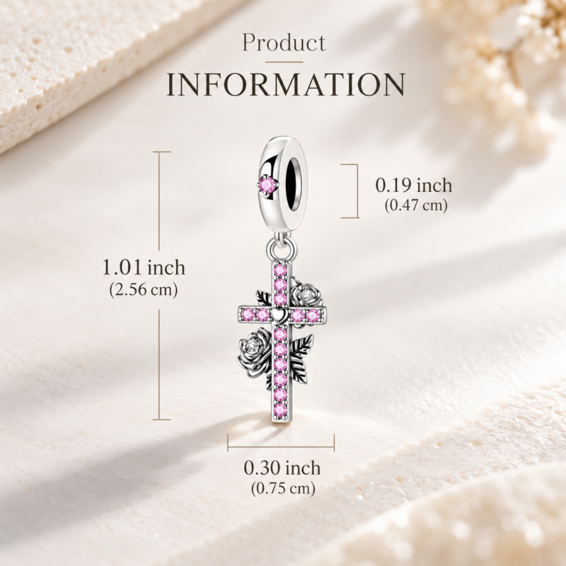 rose stones cross charm rosalia Rose and cross charm measurements: 1.01 in tall, 0.30 in wide, 0.19 in bail