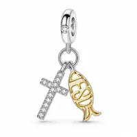 Sterling silver fish with cross charm, pavé CZ cross beside gold-tone JESUS fish, white background