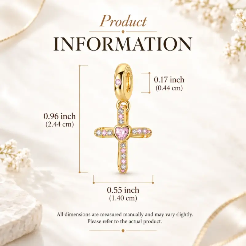 women's gold cross charm Size chart for gold-plated pink stone cross dangle, 0.96 by 0.55 inch