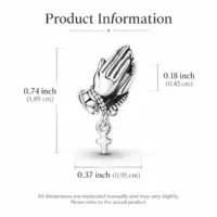 Dimension chart for the sterling silver hand and cross charm, 0.74 inch tall, 0.37 inch wide
