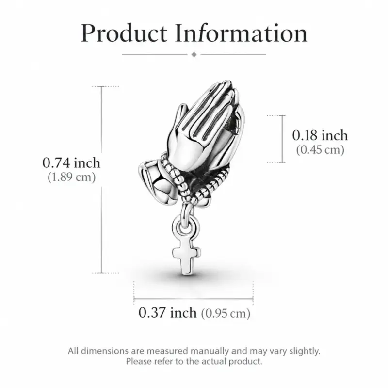 hand-cross-charm-dimensions Dimension chart for the sterling silver hand and cross charm, 0.74 inch tall, 0.37 inch wide