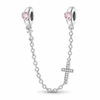 Heart stopper safety chain with a stone-set cross linked into fine cable chain