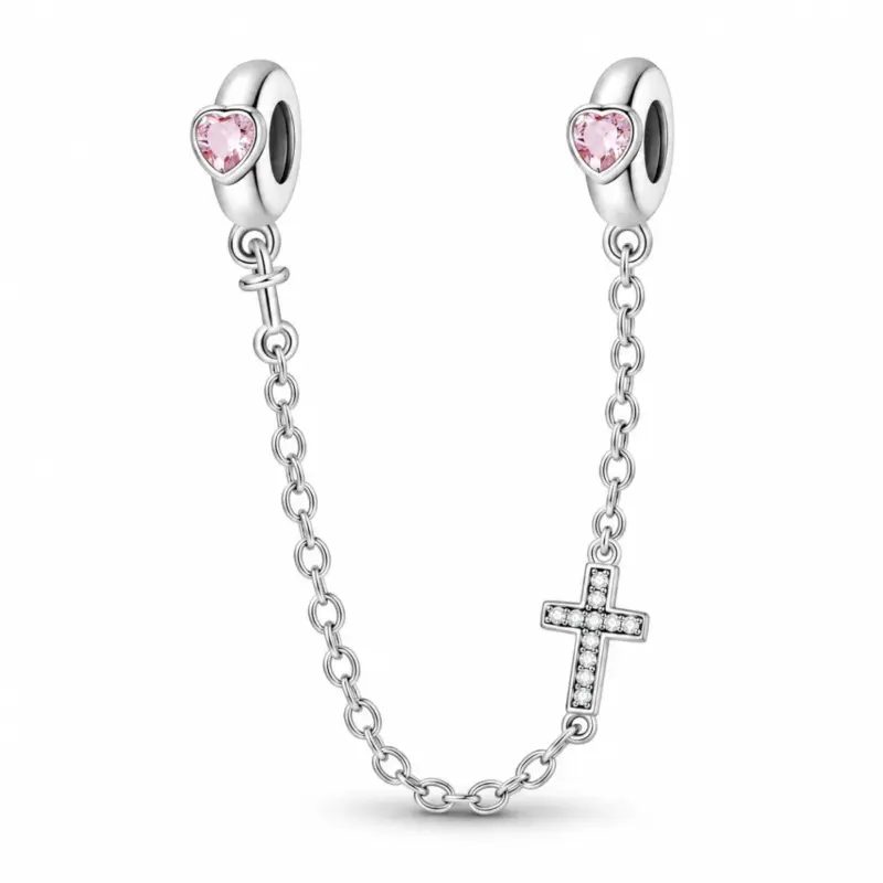bracelet safety chain Heart stopper safety chain with a stone-set cross linked into fine cable chain