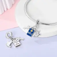 Blue enamel Bible cross and dove triple dangle charm in sterling silver