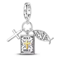 Sterling silver ichthys fish, Holy Bible tablet and cross dangling from one stone-set bail