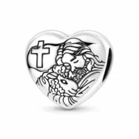 Sterling silver heart charm engraved with Jesus holding a lamb beside a cross, front view