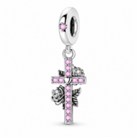 Sterling rose cross charm with pink stone row, heart center and two oxidized roses