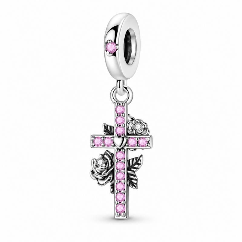 rose stones cross charm rosalia Sterling rose cross charm with pink stone row, heart center and two oxidized roses