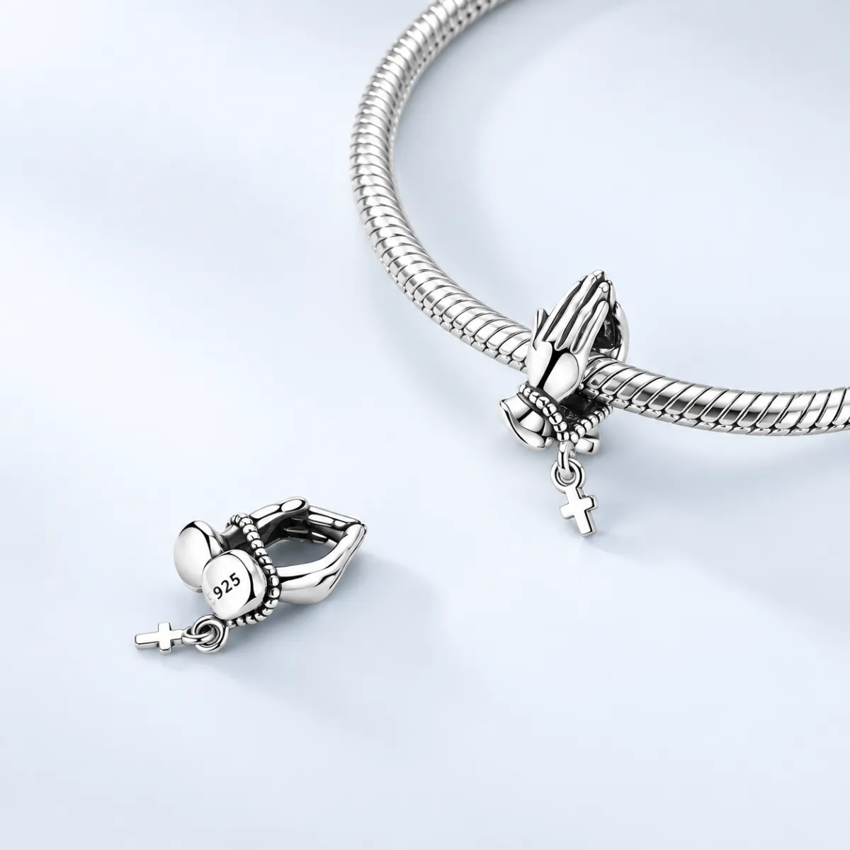 Silver Praying Hand Charm with Cross - Orans | Crystia
