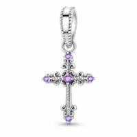 Sterling silver cross charm with five purple stones and beaded threaded bail, white background