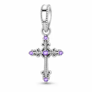 Sterling silver cross charm with five purple stones and beaded threaded bail, white background