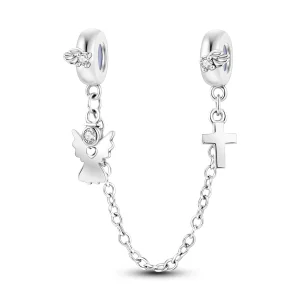 Sterling silver safety chain with angel and cross dangles and two silicone-lined stopper beads