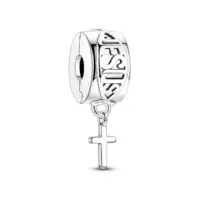 Sterling silver clip charm for men with openwork band and small cross drop