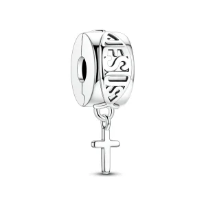 Sterling silver clip charm for men with openwork band and small cross drop