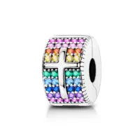 Rainbow cross clip charm in sterling silver with pavé stones and raised polished cross