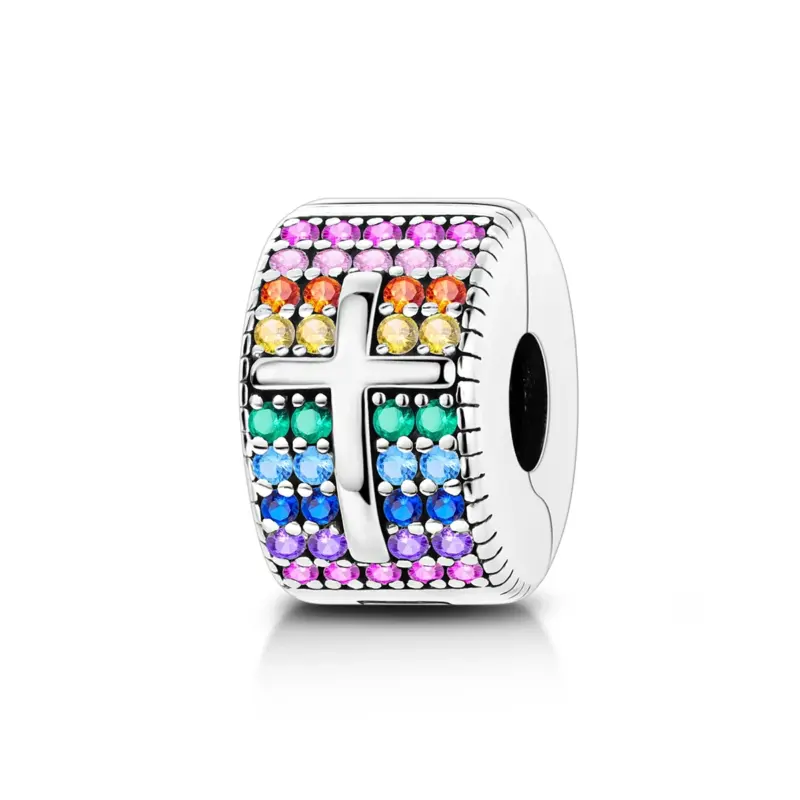 rainbow-cross-clip-charm-silver.webp Rainbow cross clip charm in sterling silver with pavé stones and raised polished cross