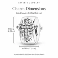 Dimension chart for the pavé cross charm, 0.39 inch tall with 0.13 inch hole