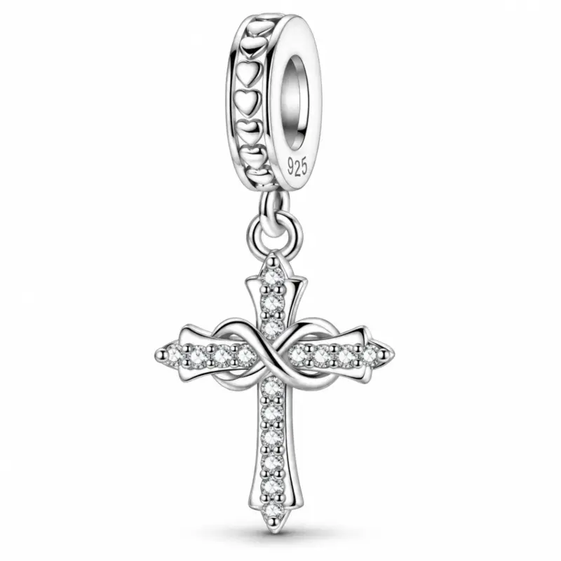 Silver cross dangle with infinity loop and clear stone rows, heart-patterned bail stamped 925