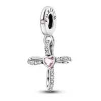 Sterling silver dangle cross charm with pavé stones and pink heart center