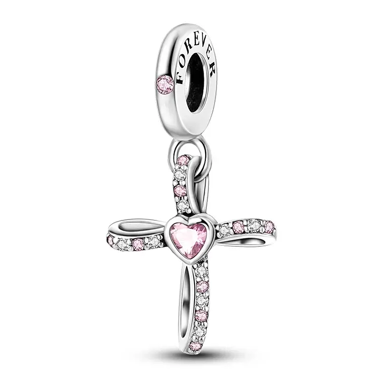 Sterling silver dangle cross charm with pavé stones and pink heart center