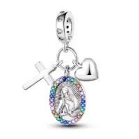 Sterling silver Guadalupe medallion charm with multicolor cubic zirconia halo, cross and heart