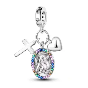 Sterling silver Guadalupe medallion charm with multicolor cubic zirconia halo, cross and heart
