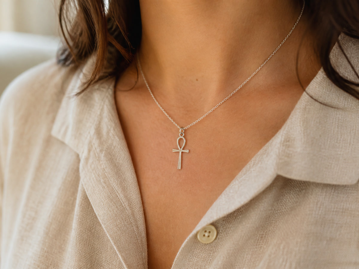 Person wearing a simple ankh pendant on a delicate chain