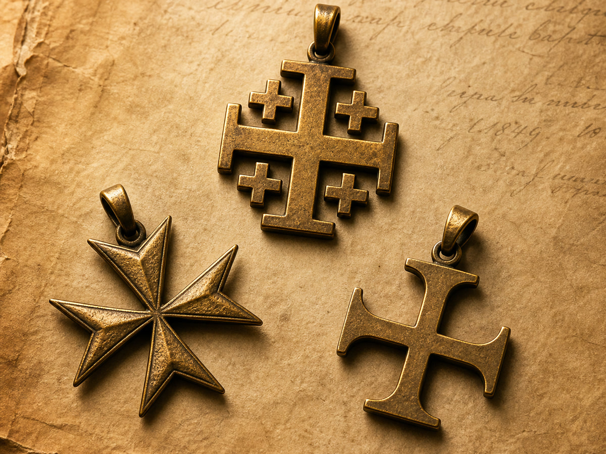 Three unique cross pendants on aged parchment: Jerusalem cross, Maltese cross, and gamma cross in antique bronze finish