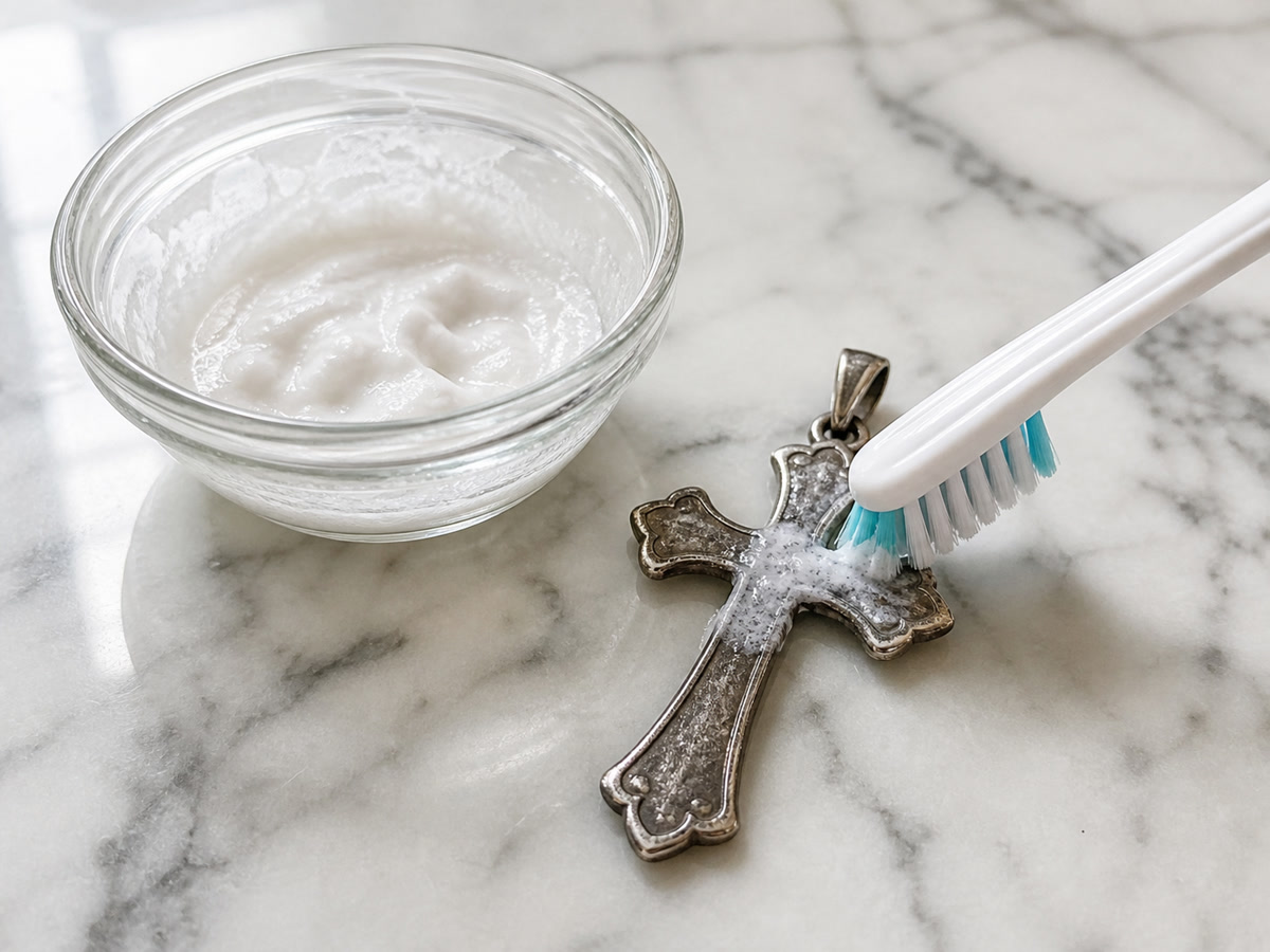 Baking soda paste being applied to a tarnished sterling silver cross pendant