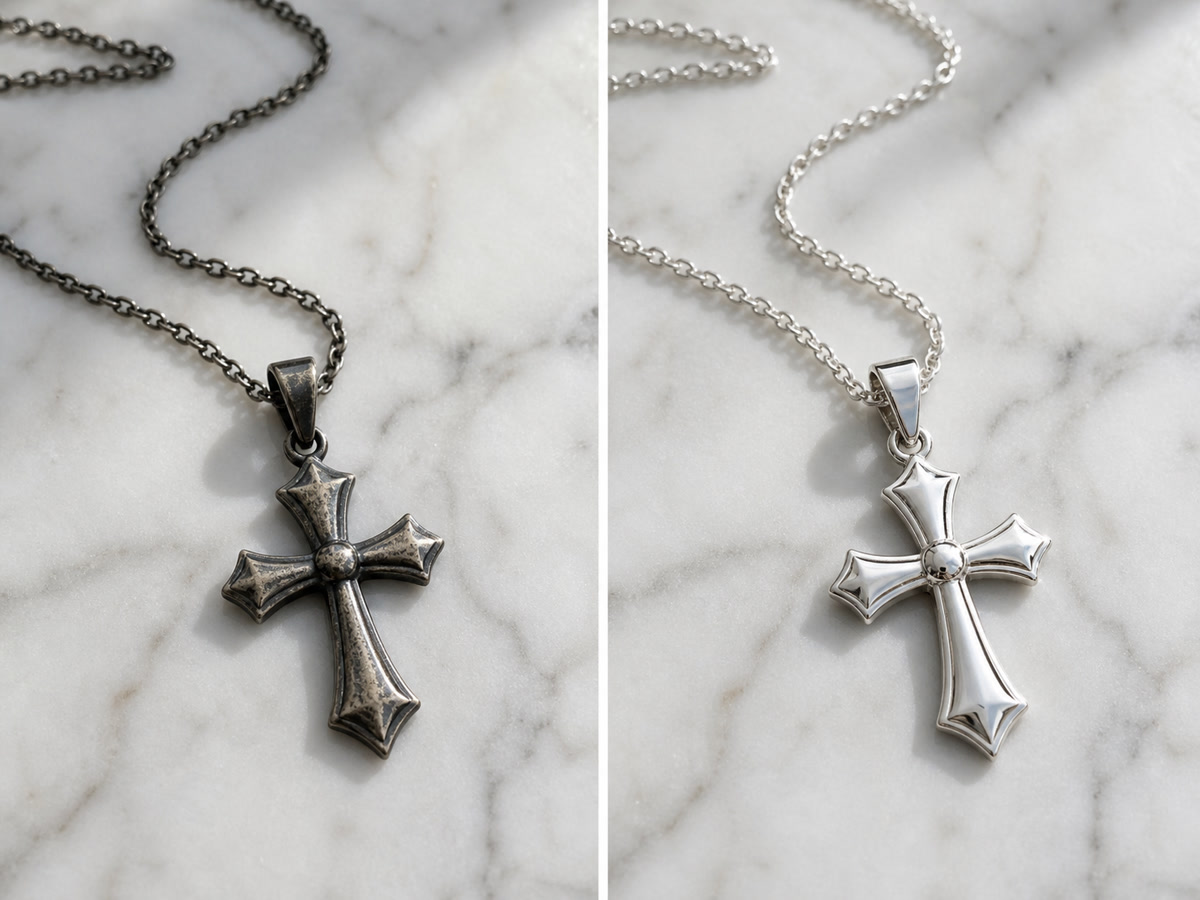 Before and after comparison of a sterling silver cross necklace cleaned to restore its original shine