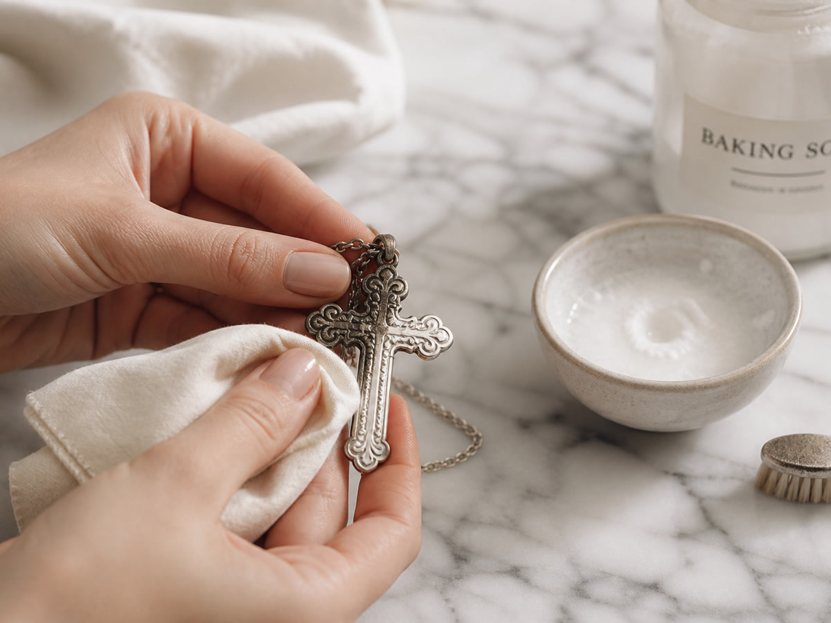 Hands cleaning a silver cross necklace with a soft cloth and baking soda paste