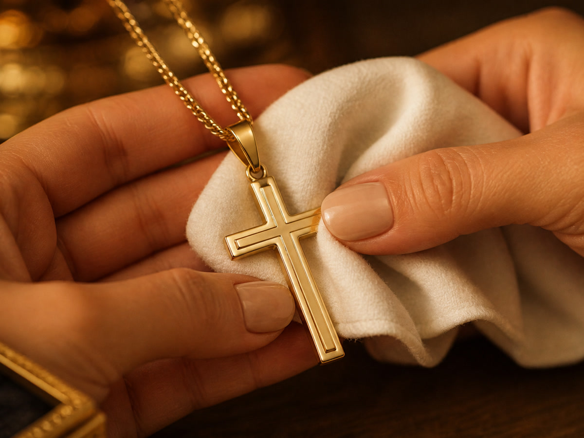 Hands gently cleaning a gold cross necklace with a soft white polishing cloth
